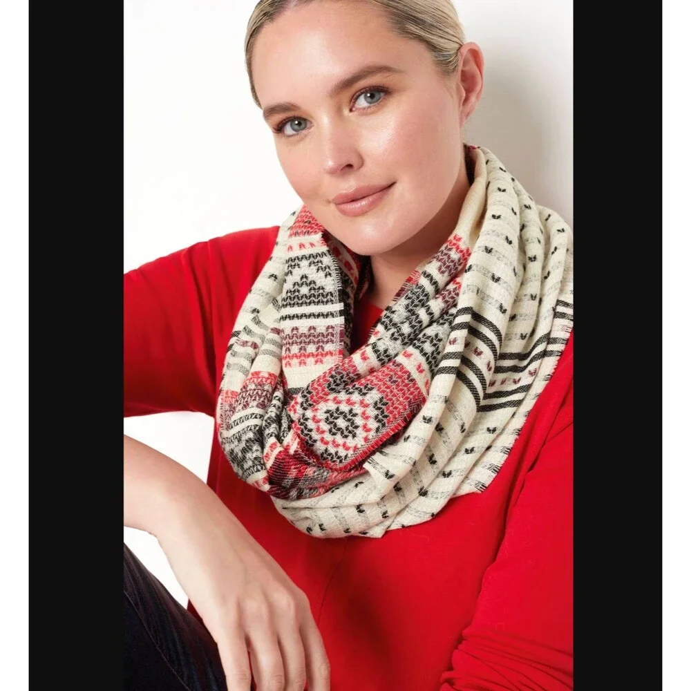J. Jill Infinity Scarf Fair Isle Jacquard Cream Fringe Boho Wrap Knit Cozy NWT